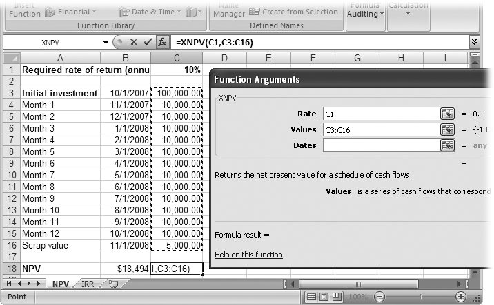 To fill in an argument, click the box, such as Rate. Then, in the worksheet, click the cell (or cells) that contain the input. For example, for Values, you can drag over all the cells that contain the cash flows.