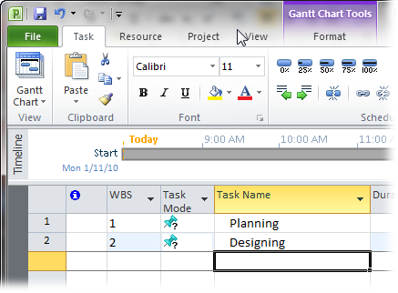 Project creates the next task at the same level in the WBS outline as the previous task, so youâre ready to enter the next top-level task. As youâll see shortly, this behavior makes it easy to add several tasks at the same level, no matter which level of the WBS youâre creating.