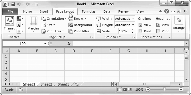 When you launch Excel, you start at the Home tab. But here’s what happens when you click the Page Layout tab. Now, you have a slew of options for tasks like adjusting paper size and making a decent printout. The buttons in a tab are grouped into smaller boxes for clearer organization.