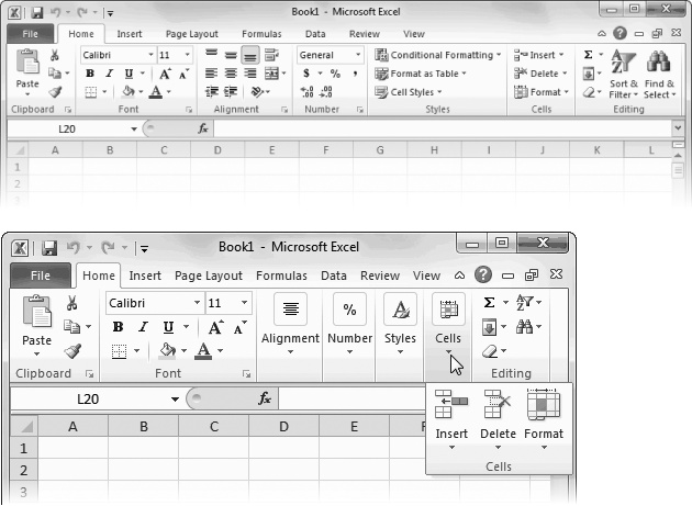 Top: A large Excel window gives you plenty of room to play. The ribbon uses the space effectively, making the most important buttons bigger.Bottom: When you shrink the Excel window, the ribbon rearranges its buttons and makes some smaller (by shrinking the button’s icon or leaving out the title). Shrink small enough, and you might run out of space for a section altogether. In that case, you get a single button (like the Number, Styles, and Cells sections in this example) for an entire section. Click this button and the missing commands appear in a drop-down panel.