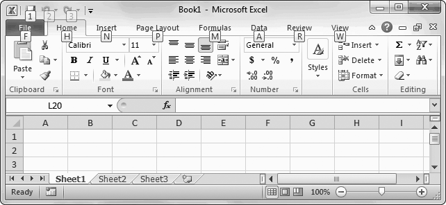 When you press Alt, Excel helps you out with KeyTips next to every tab, over the File menu, and over the buttons in the Quick Access toolbar. If you follow up with M (for the Formulas tab), you’ll see letters next to every command in that tab, as shown in Figure I-6.