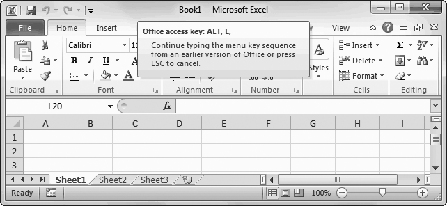By pressing Alt+E, you’ve triggered the “imaginary” Edit menu from Excel 2003 and earlier versions. You can’t actually see it (because in Excel 2010 this menu doesn’t exist). However, the tooltip lets you know that Excel is paying attention. You can now complete your action by pressing the next key for the menu command you’re nostalgic for.