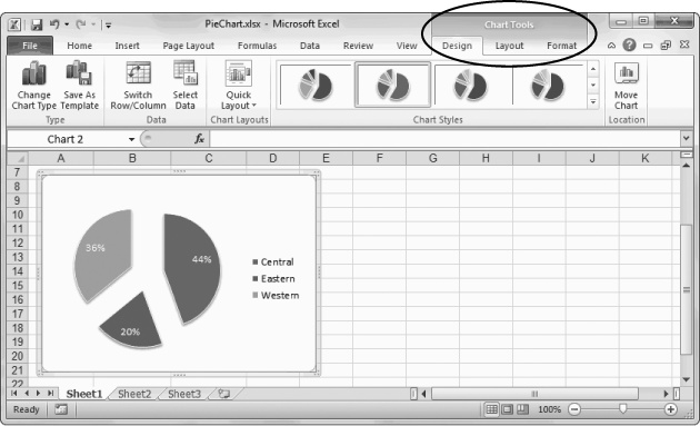 Excel doesn’t bother to show these three tabs unless you’re working on a chart, because it’s frustrating to look at a bunch of buttons you can’t use. This sort of tab, which appears only when needed, is called a contextual tab.