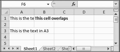 Overlapping cells can create big headaches. For example, if you type a large amount of text into A1, and then you type some text into B1, you see only part of the data in A1 on your worksheet (as shown here). The rest is hidden from view. But if, say, A3 contains a large amount of text and B3 is empty, the content in A3 is displayed over both columns, and you don’t have a problem.