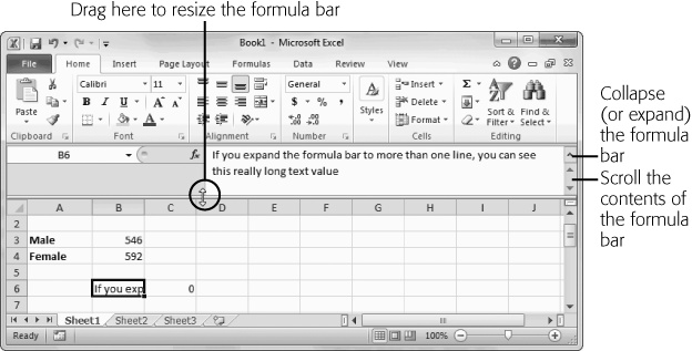 To enlarge the formula bar, click the bottom edge and pull down. You can make it two, three, four, or many more lines large. Best of all, once you get the size you want, you can use the expand/collapse button on the right side of the formula bar to quickly expand it to your preferred size and collapse it back to the single-line view.