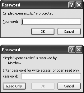 Top: You can give a spreadsheet two layers of protection. Assign a “password to open,” and you’ll see this window when you open the fileBottom: If you assign a “password to modify,” you’ll see the choices in this window. If you use both passwords, you’ll see both windows, one after the other.
