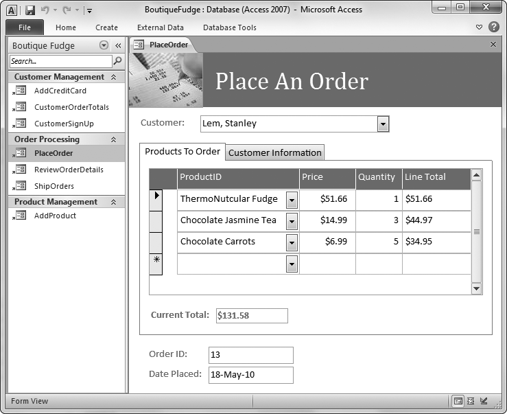 This sales database includes handy forms that salespeople can use to place new orders (shown here), customer service representatives can use to sign up new customers, and warehouse staff can use to review outgoing shipments. Best of all, the people who are using the forms in the database donât need to know anything about Access. As long as a database pro (like your future self, once youâve finished this book) has designed these forms, anyone can use them to enter, edit, and review data.