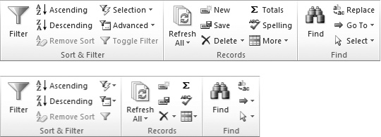 Here are three sections from the Home tab in the ribbon (Sort & Filter, Records, and Find). When the Access window is wide, thereâs plenty of room to show buttons and text (top). But if you resize the Access window down to super-skinniness, the ribbon removes text so it can keep showing the same set of commands. If you want to know what a no-text button does, hover your cursor over it to see its name.