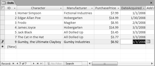 An Access user has been on an eBay buying binge and needs to add several doll records. With a quick Ctrl+â keystroke, you can copy the date from the previous record into the DateAcquired field of the new record.