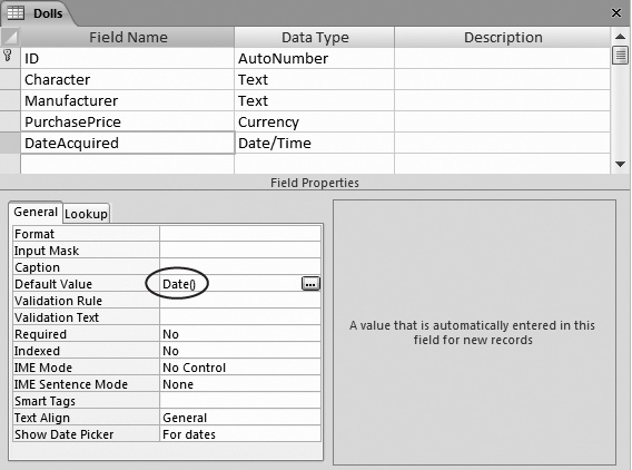If you use the Date() function as the default value for the DateAcquired field in the bobblehead table, then every time you add a new bobblehead record, Access fills in the current date. You decide whether you want to keep that date or replace it with a different value.