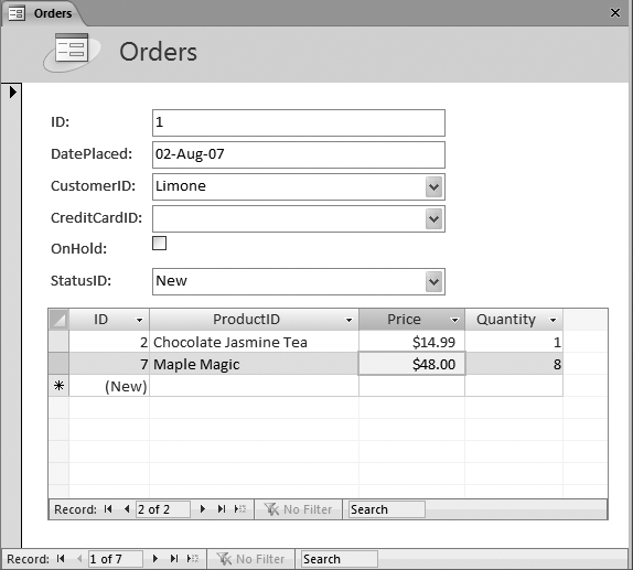 This form lets you insert records into the Orders and OrderDetails tables. However, it lacks a few frills people expect in an order formâlike a way to automatically fill in the price of each product youâre ordering, the ability to calculate totals as you go, and an option to add a new product on the fly.