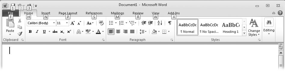 When you press the Alt key, little word- and number-labels sprout onscreen, indicating keyboard shortcuts. Here, for example, press N to open the Insert tab, P to open Page Layout, and so on.