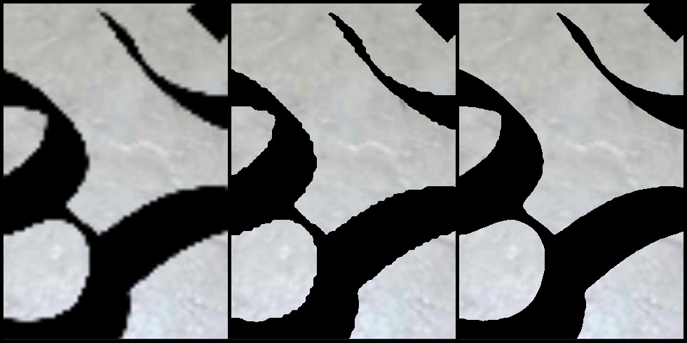 Left to right: alpha blending, alpha testing, and alpha testing with distance field