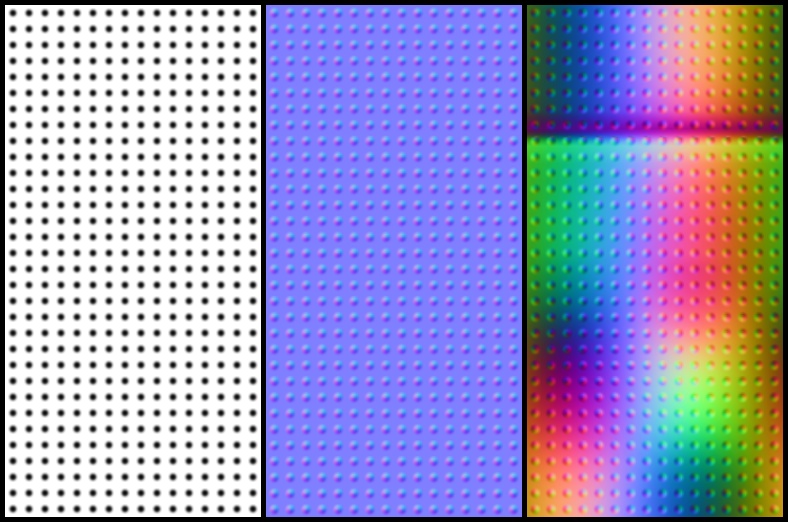 Left two panels: height map and tangent-space normals; right panel: object-space normals for the Klein bottle