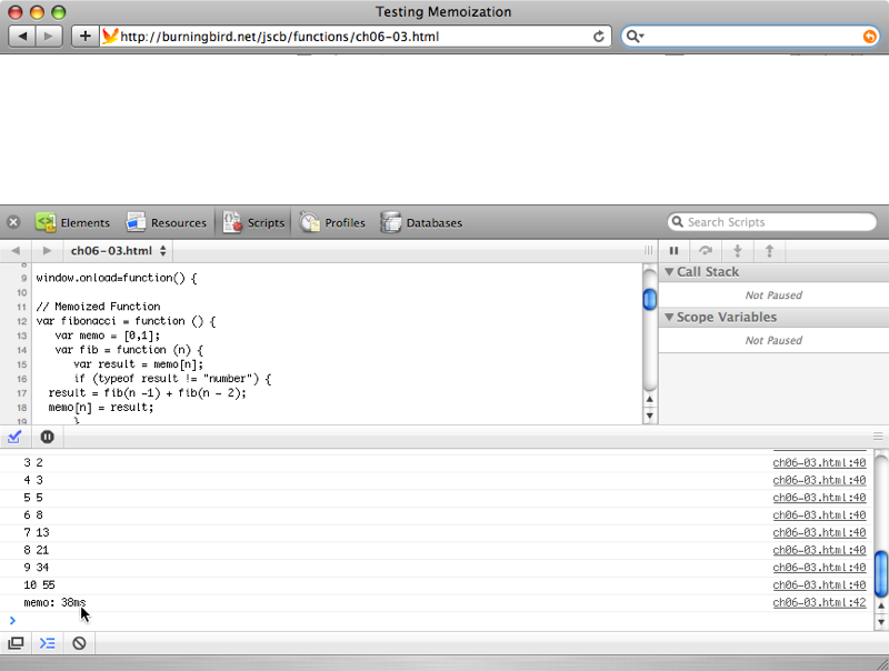 Memoization program running in Safari, with debugger and console displayed