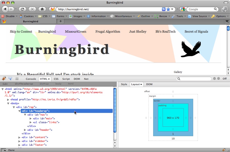 The Firebug HTML tab, with the Layout option selected