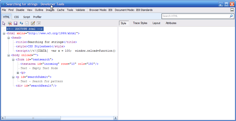 The IE Developer Tools interface