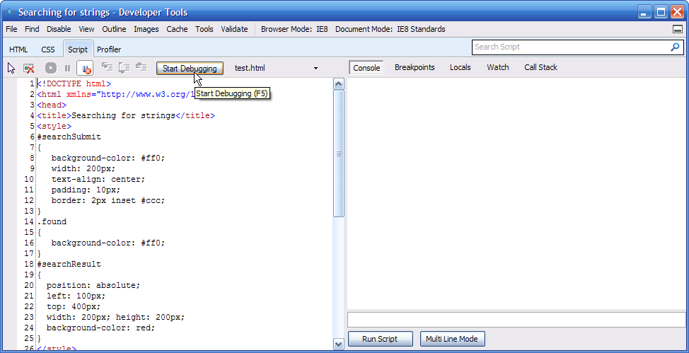 Using the IE Developer Tools profile feature