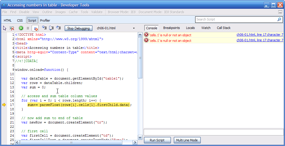 Examining JavaScript errors in the IE Developer Tools Console pane