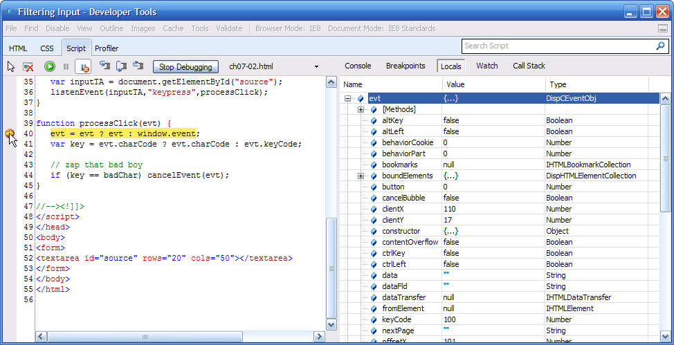 The Script Debugger with a breakpoint set and code execution stopped