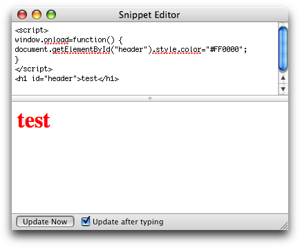 The Snippet Editor with a line of HTML and small piece of JavaScript