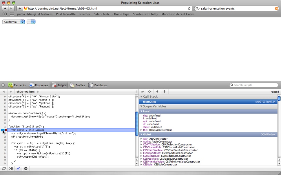 Setting a breakpoint and examining local variables in the Safari debugger