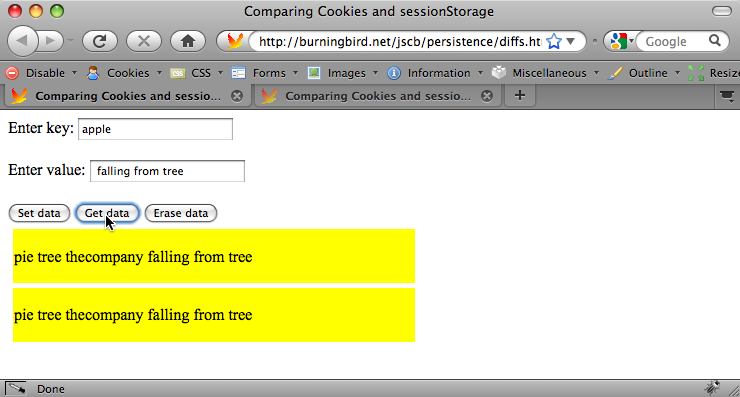 Showing current value for âappleâ in sessionStorage and Cookie