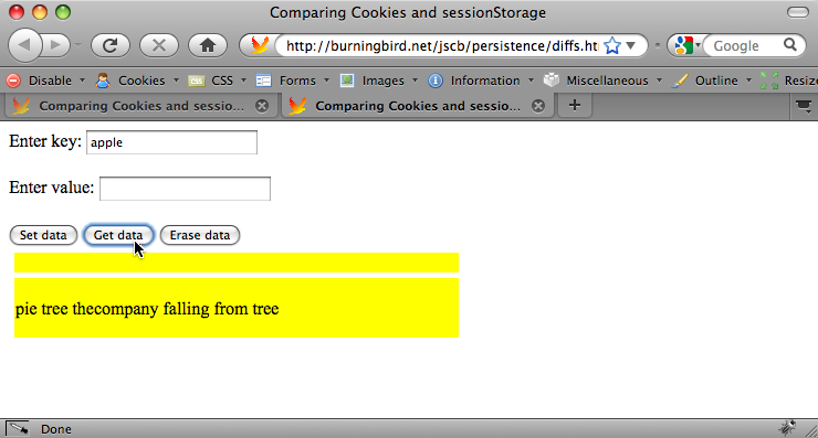 Again, showing current value for âappleâ in sessionStorage and Cookie, but in a new tab window