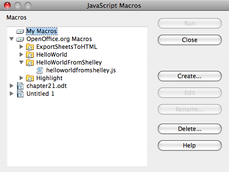 OpenOffice dialog showing my newly created JavaScript macro