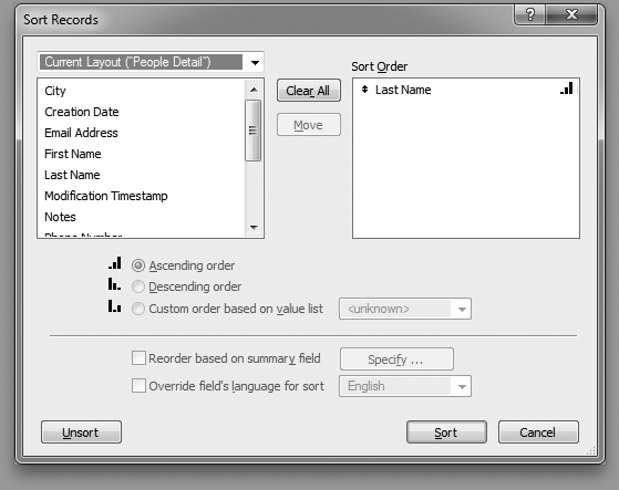 The Sort Records dialog box has a lot of options, but the two lists on top and the first two radio buttons are critical to every sort you’ll ever do in FileMaker. You pick the fields you want to sort by and the order in which they should be sorted, and then click Sort. That’s the essence of any sort, from the simple to the most complex.