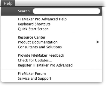 Here’s the Help menu on a Mac in its pristine state, and showing its initial menu items. As you type a search term, FileMaker searches its Help application to create a list of choices that may relate to your search terms.