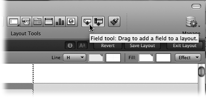 The arrow points to the Field tool, and a tooltip identifies the tool and adds a usage tip. The Field tool works a little different from most tools. You have to drag the tool down onto the layout where you want the field to land. A blue (Mac) or dotted (Windows) outline shows you the size and shape of the field you’ll create. The dotted horizontal line represents the field’s baseline. Use it to line the new field up with existing fields on the layout.