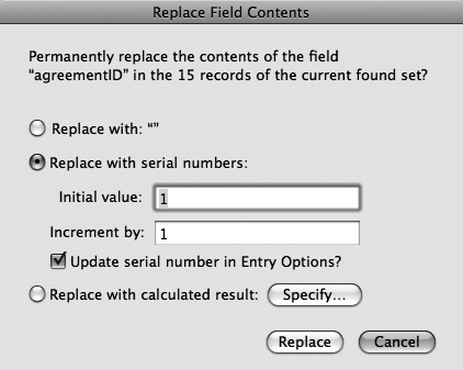 In the Replace Field Contents dialog box, the highlighted button is not the one that does the action you’ve just set up. The Replace command can’t be undone, so FileMaker is saving you from unintentionally destroying good data if you hit Enter too soon. Instead, Enter cancels the replacement and leaves everything as it was. Replace Field Contents is lifesaver when you have to retrofit a table with a key field after you’ve created records. However, replacing data after you’re created relationships between tables is risky—if the value in the key field in either table changes, the child record gets disconnected from its parent.
