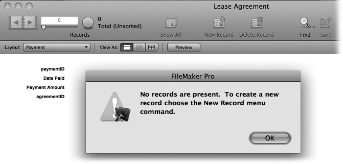When you see this message, just click OK. But don’t bother creating a record. You’ll do that later—from the Lease Agreement layout. Every time you create a new table, you’ll also get a free layout just like this one. That’s because tables need a place to show their fields. But once you start relating tables to one another, you’ll often find that these automatically created layouts are just so much fluff. You can delete these utilitarian layouts (In Layout Mode, choose Layouts→Delete Layout), and then start from scratch using the Layout Assistant to get something more decorative.