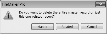 Just clicking in a field on a portal row doesn’t give FileMaker enough information about context, so it asks you which record you want to delete. Once you’ve made a selection (other than Cancel), you’ll get a second window asking if you’re sure you want to delete the record. It’s easier to highlight the portal row than to interact with two windows.