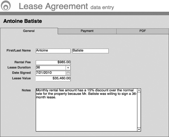 This version of the Lease Agreement layout has a giant Tab Control covering most of its area. The Tab Control has three tabs, with the existing fields divided among them. The General tab has the basic data, plus a big new field for storing notes about the Lease Agreement. The Payment portal has been moved to the Payment tab and the Lease Document container field has been moved to the PDF tab, where it can take up lots of space and not compete with other data.
