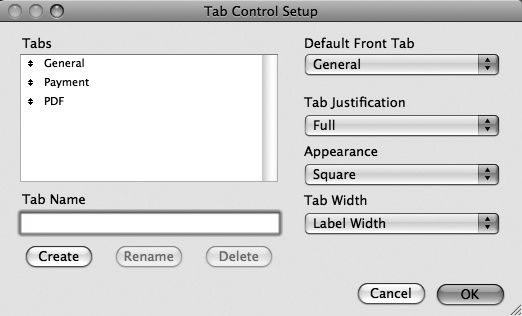 These are the settings for the Tab Control shown in Figure 4-17. Tab widths are automatically determined by the length of their names. But you can use the Tab Width pop-up menu to add extra space, set a minimum or fixed width, or make all tabs the width of the widest label. All Tab Width options are overridden if you select Full justification, though.