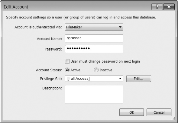 Account Names appear in the Account Name box just as you type them, but characters in the password box are obscured by a password font. That keeps your typing safe from someone who may be looking at your computer screen over your shoulder, but it does mean that you have to be very careful as you type. Because once you add a password to an account, even you can never see what was entered in the box. (Go to Chapter 18 to read all about security.)