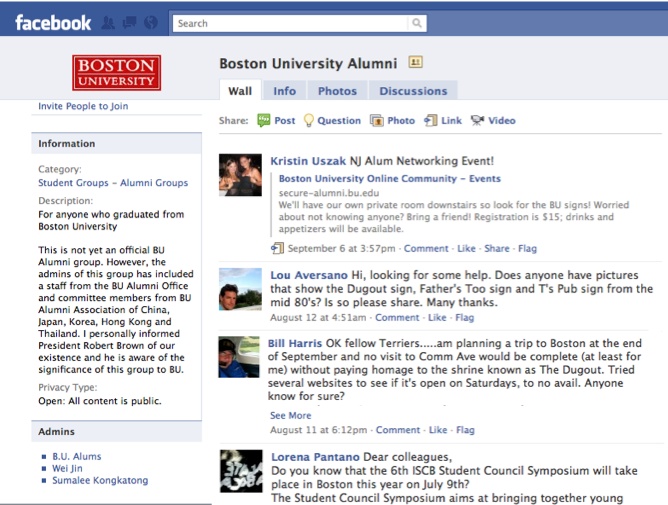 This Facebook Group connects Boston University Alumni, a subset of the entire Boston University faculty, student, and alumni community.