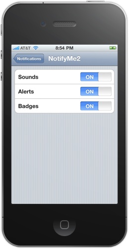 Notification settings in the NotifyMe iPhone app