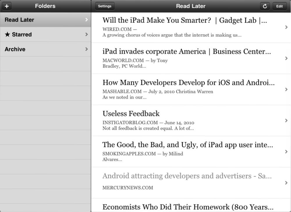 The “split view” in use for the iPad version of Instapaper