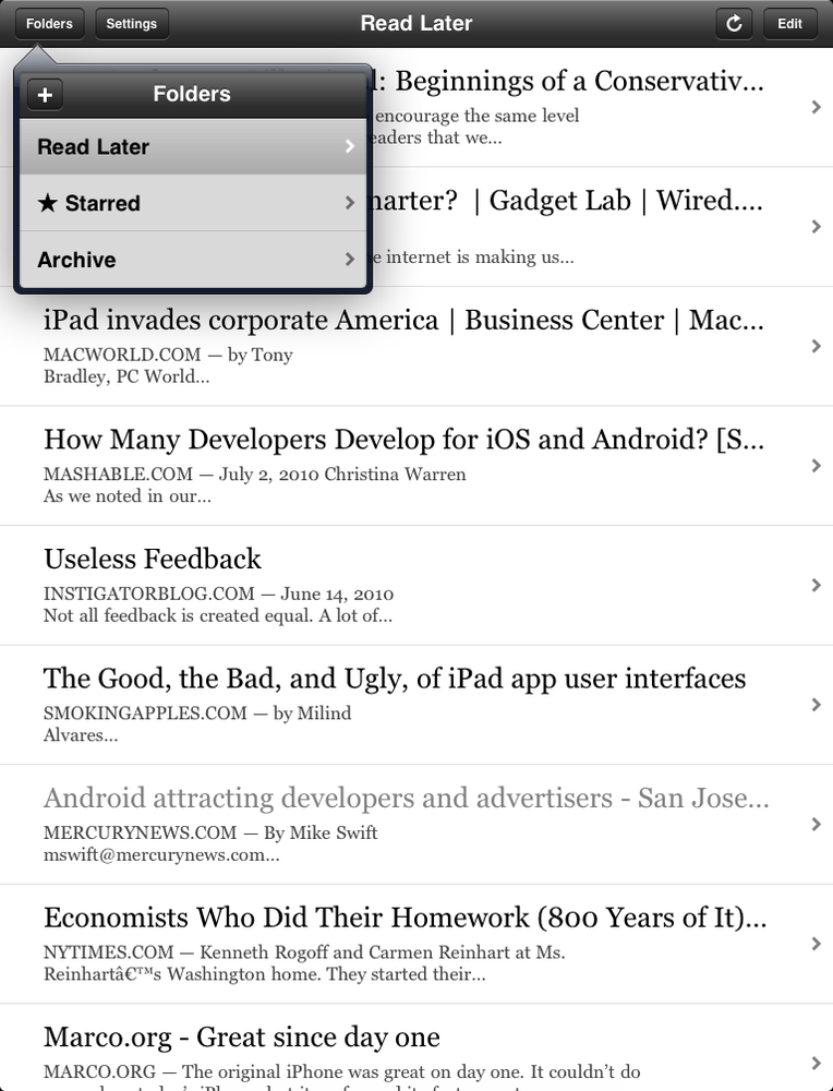 The list of folders for Instapaper in a popover view