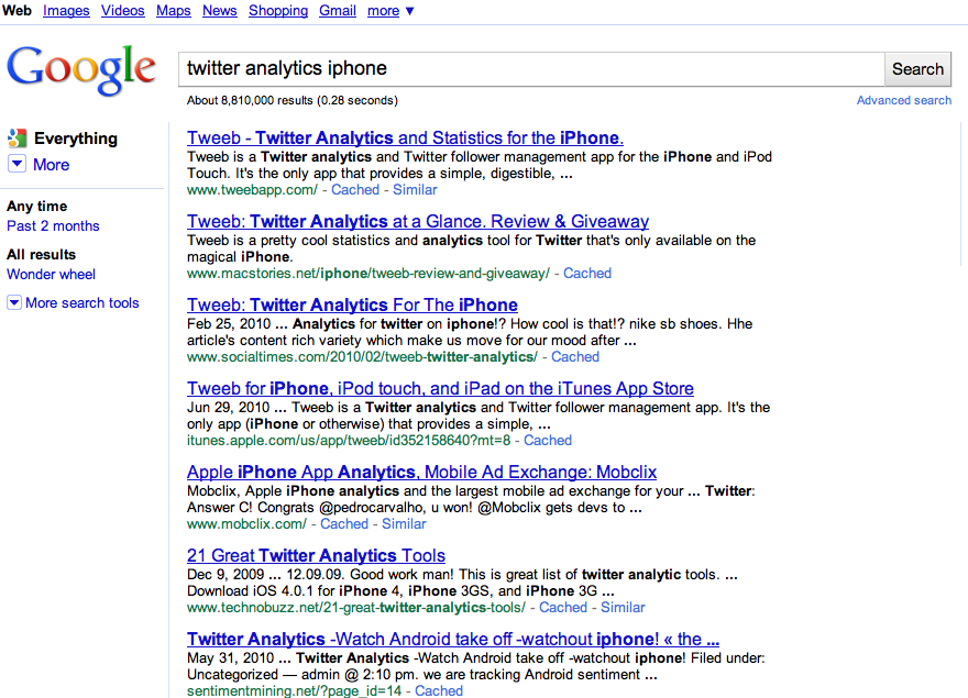 Tweeb ranking highly in Google Search results due to the keywords associated with the site