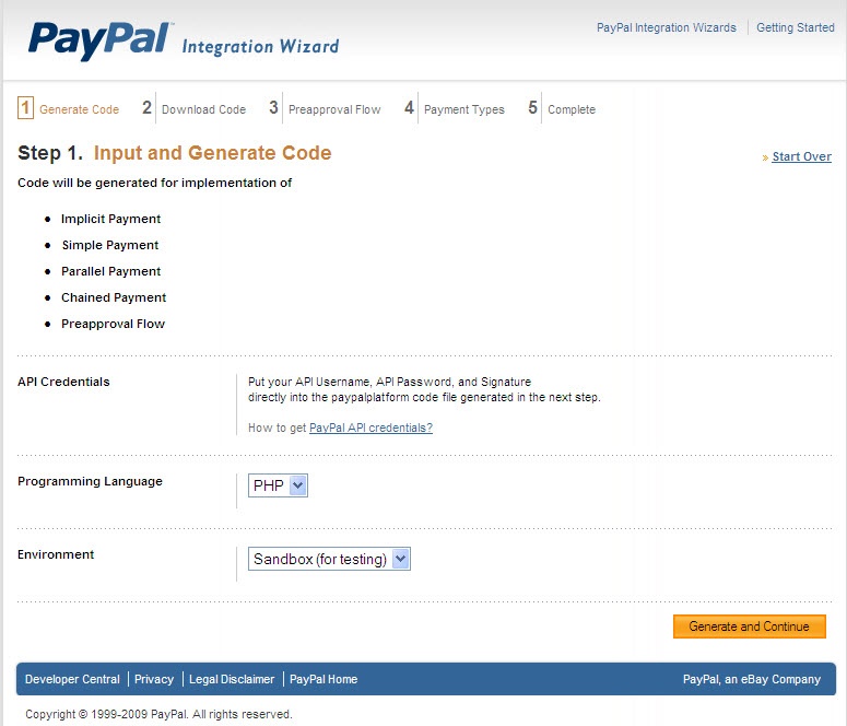Adaptive Payments Integration Wizard step 1
