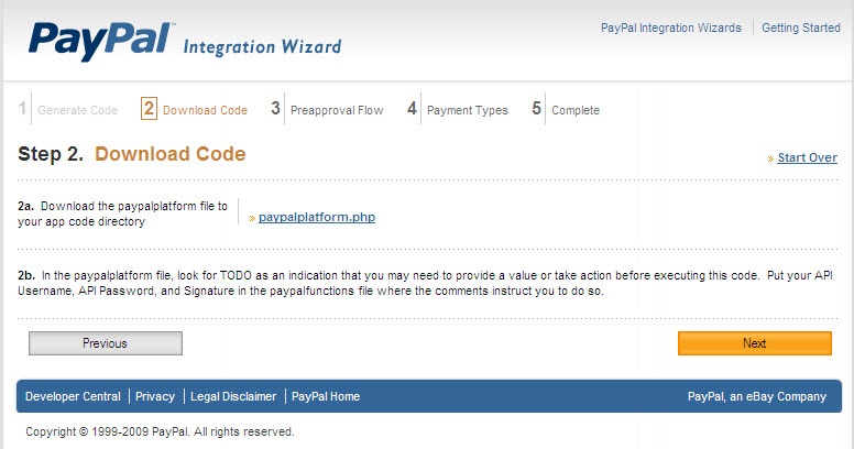 Adaptive Payments Integration Wizard step 2