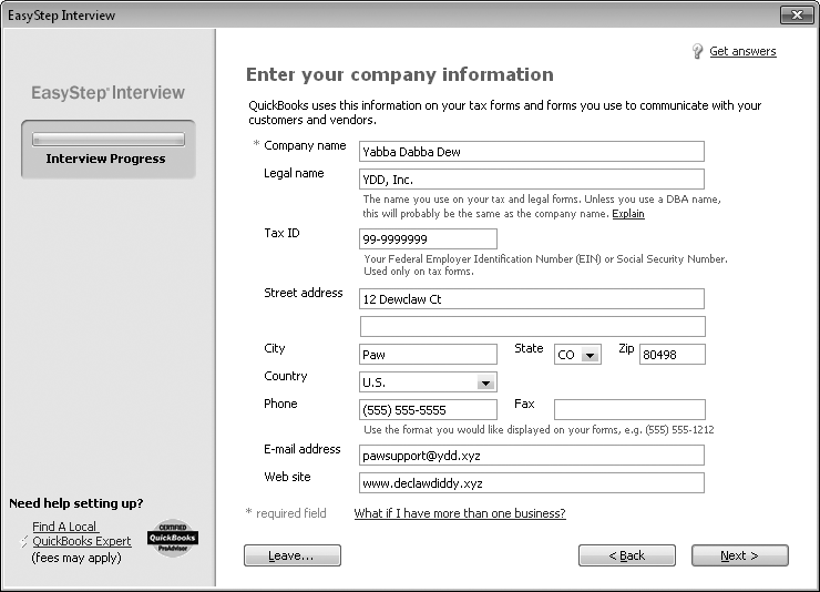 In the âCompany nameâ field, type the name you want to appear on invoices, reports, and other forms. In the âLegal nameâ field, enter the company name as it should appear on contracts and other legal documents. These names are usually the same unless you use a DBA (doing business as) company name. If you own a corporation, the legal name is what appears on your Certificate of Incorporation. The Tax ID box is for the federal tax ID number you use when you file your taxesâyour Social Security Number or Federal Employer Identification Number.