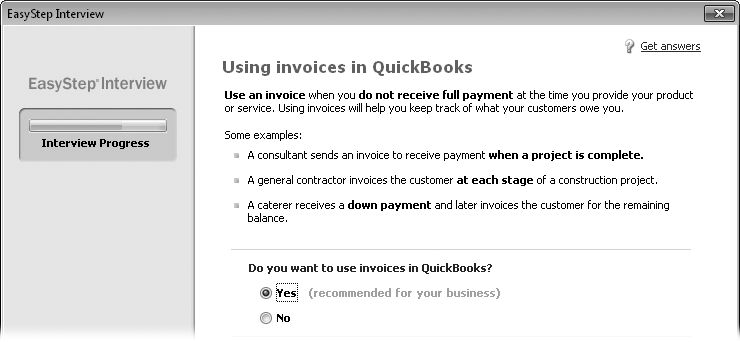 The Interview sticks to the basics, so youâll have more setup to do later. As you step through the screens in this section, make a list of the features youâre turning on (and the corresponding page numbers in this book) for reference. If you decide to change any of these settings later, Chapter 23 tells you how. Happily, the QuickBooks 2011 interview skips the sales pitches its predecessors had for add-on features that cost extra like selling online, getting an Intuit credit card, or ordering Intuit checks.