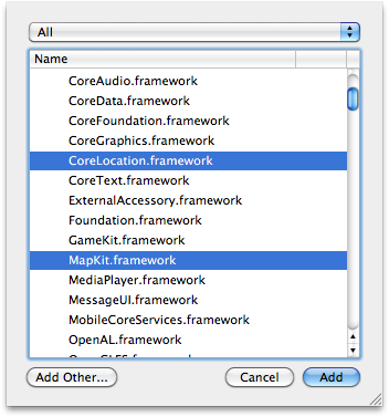 Adding the Core Location and Map Kit frameworks to an Xcode project