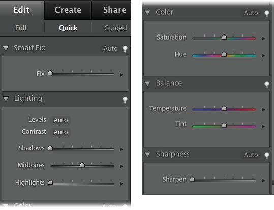 A close-up look at all the ways you can enhance your photos with Quick Fix. The left figure shows the top part of the Panel bin; the right, the bottom part. Besides these handy tools, you can also use most of the Full Edit menu commands if you need something more than the Panel bin provides.