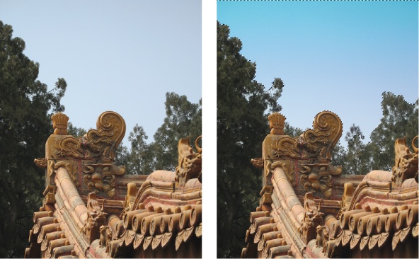The Touch Up tools can help punch up the sky color in your photosâsometimes.Left: Smog makes the sky in this photo look really dull.Right: One quick drag across the sky with the Make Dull Skies Blue tool produces a much more vivid skyâmaybe even too vivid (and a tad green). Elements used a gradient (see page 442) to give a more realistic shading to the new sky color.